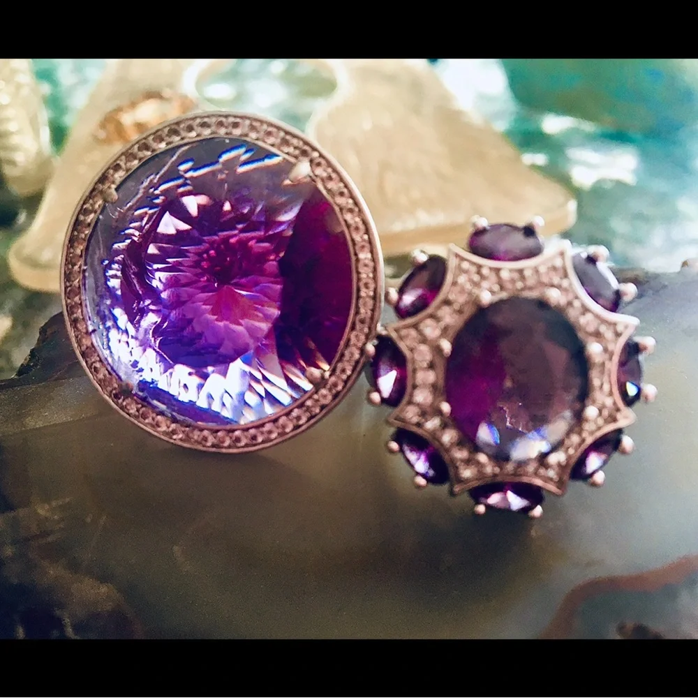 Vintage Pair  Silver 925 Amethyst & Clear Topaz Cocktail Ring both SZ 10 - Picture 14 of 14
